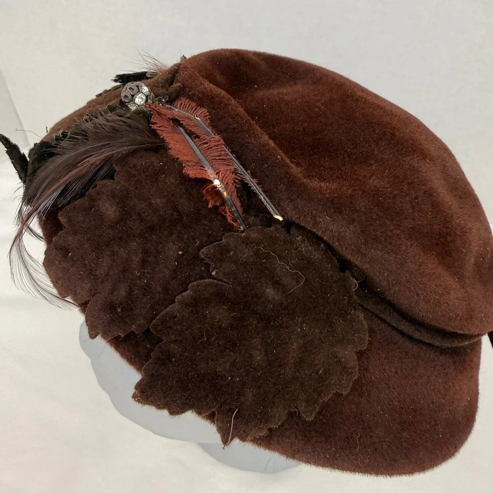Vintage Henry G. Ross Original Brown Velour Feather Beret Hat Medium NY Paris